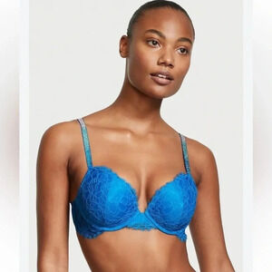 Victorias Secret Blue  Lace Very Sexy Rhinestone Strap PushUp Bra 34DDD
